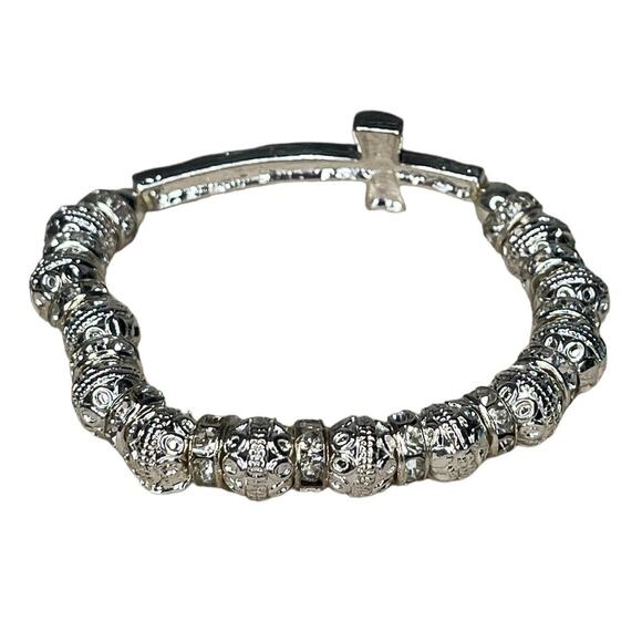 Silver Tone And Rhinestone Beaded Cross Bracelet Stretch Bracelet - Picture 5 of 8